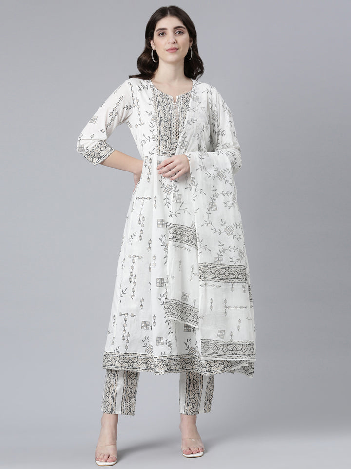 Neerus White cotton printed kurta set with trouser and dupatta - front view