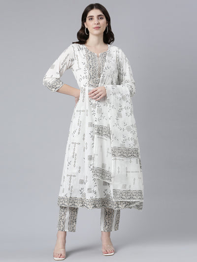 Neerus White Regular Straight Printed Kurta And Trousers With Dupatta