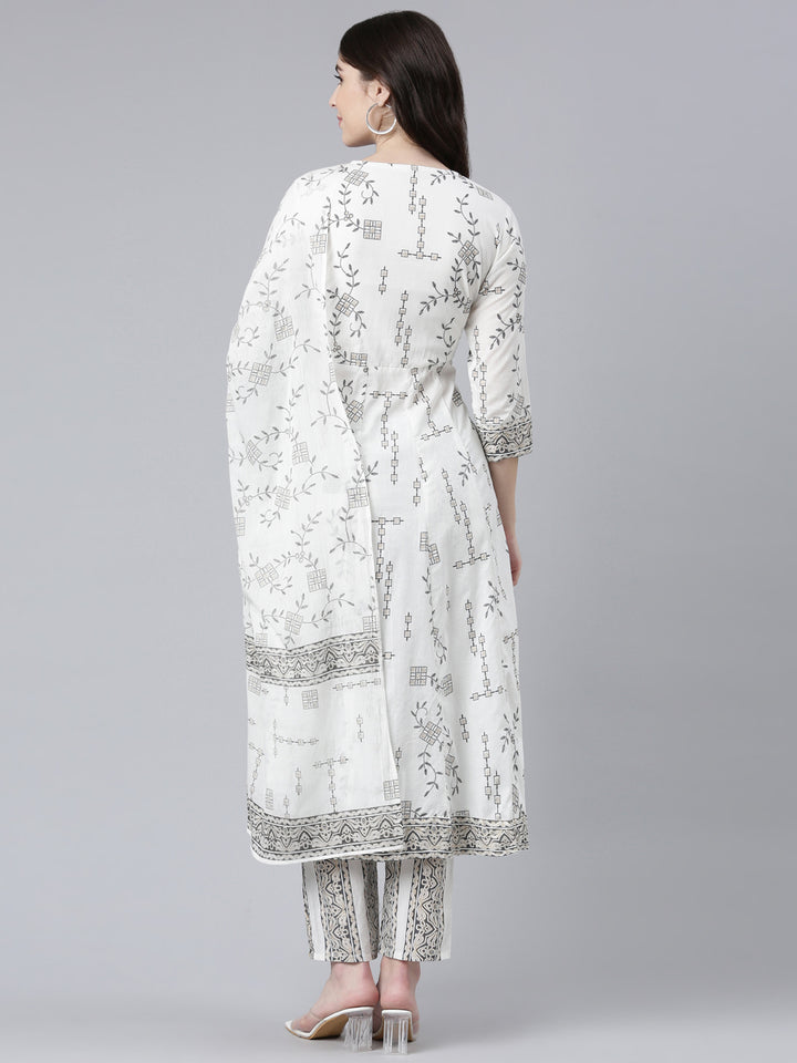 Neerus White cotton printed kurta set with trouser and dupatta - side view