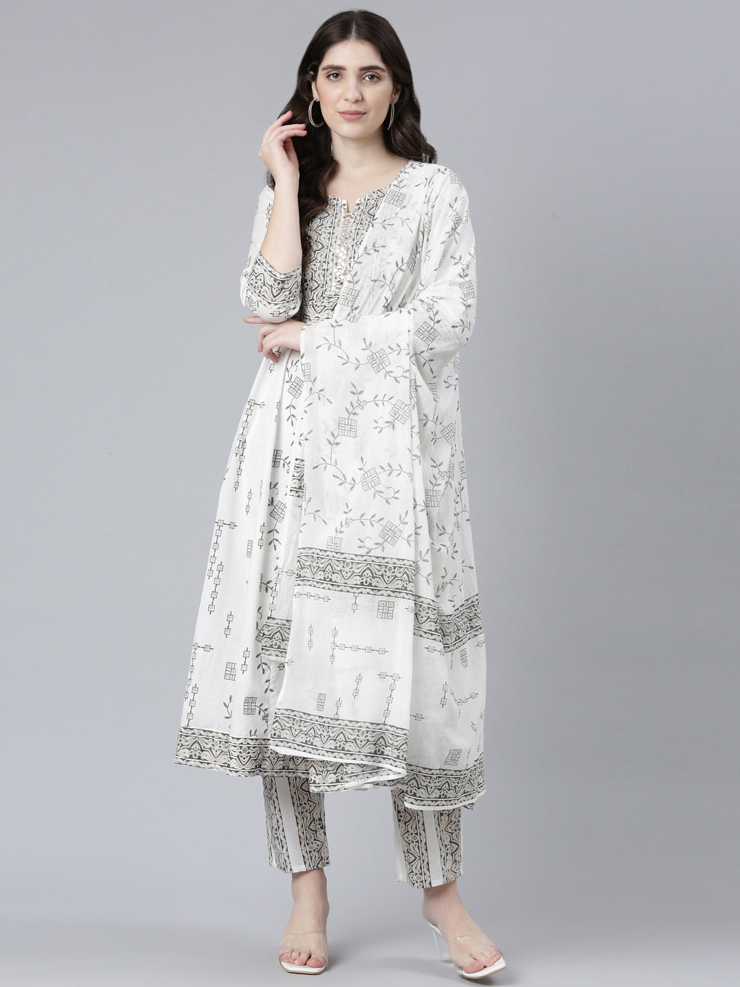 Neerus White cotton printed kurta set with trouser and dupatta - detail view 2