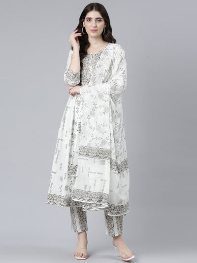 Neerus White Regular Straight Printed Kurta And Trousers With Dupatta