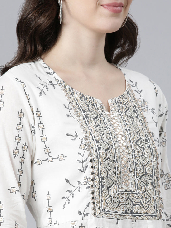 Neerus White cotton printed kurta set with trouser and dupatta - detail view 1