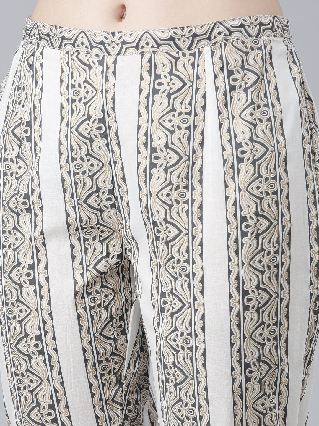 Neerus White cotton printed kurta set with trouser and dupatta - detail view 3