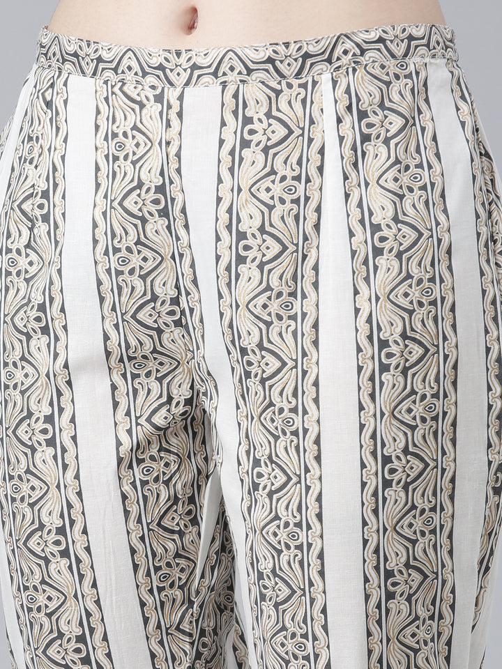Neerus White cotton printed kurta set with trouser and dupatta - detail view 3