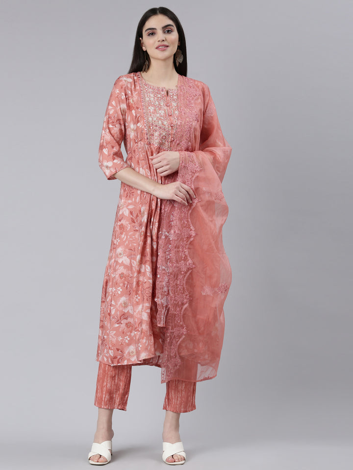 Neerus Pink printed straight kurta set with dupatta - front view