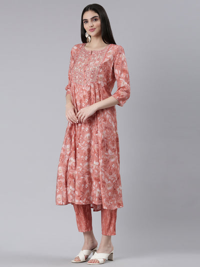 Neerus Coral Pleated Straight Printed Kurta And Trousers With Dupatta