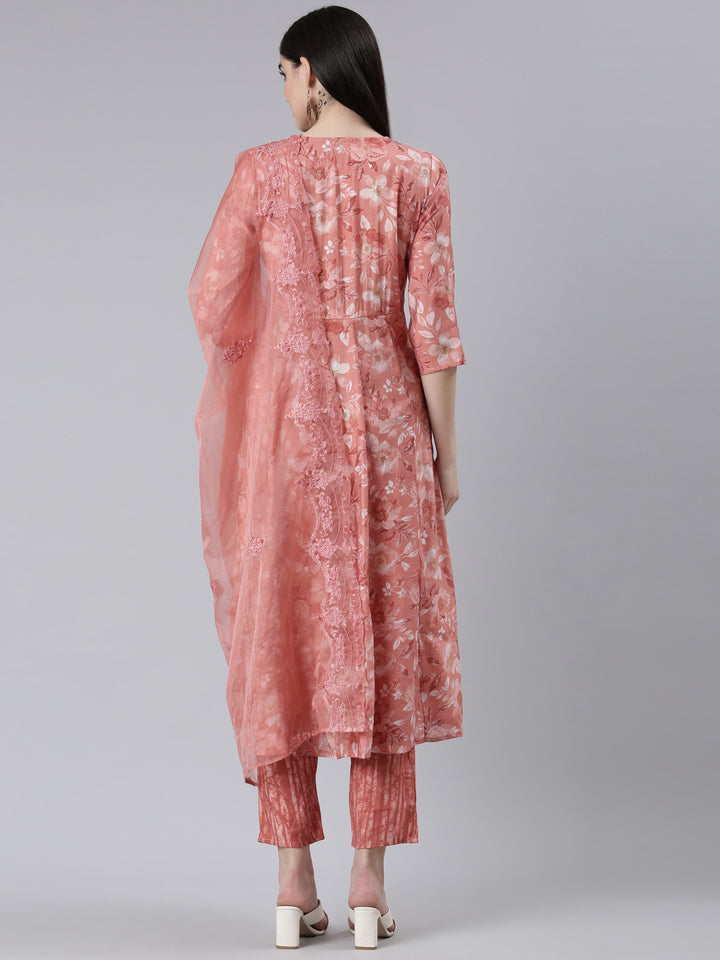 Neerus Pink printed straight kurta set with dupatta - side view