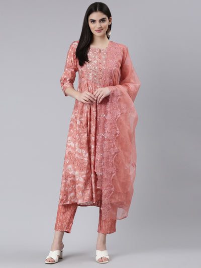 Neerus Coral Pleated Straight Printed Kurta And Trousers With Dupatta