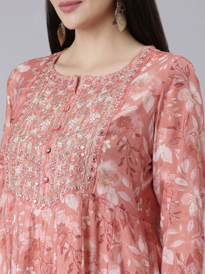 Neerus Coral Pleated Straight Printed Kurta And Trousers With Dupatta