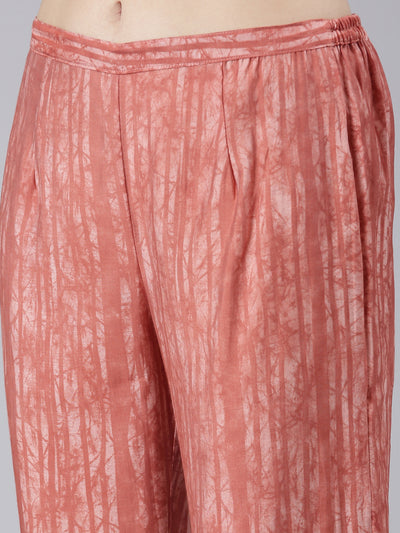 Neerus Coral Pleated Straight Printed Kurta And Trousers With Dupatta