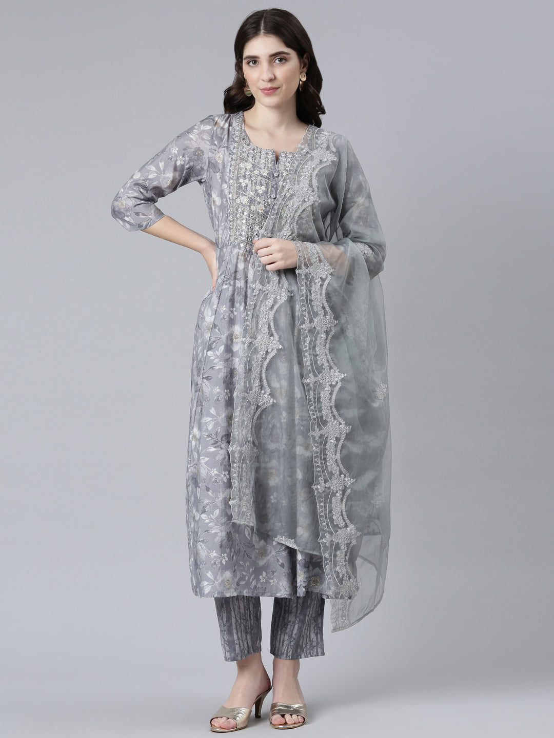 Neerus Grey printed straight kurta set with trouser and dupatta - front view