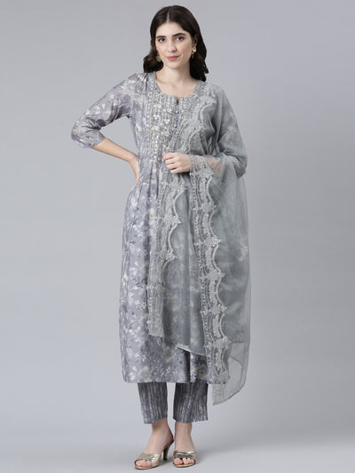 Neeru's Grey Pleated Straight Printed Kurta And Trousers With Dupatta