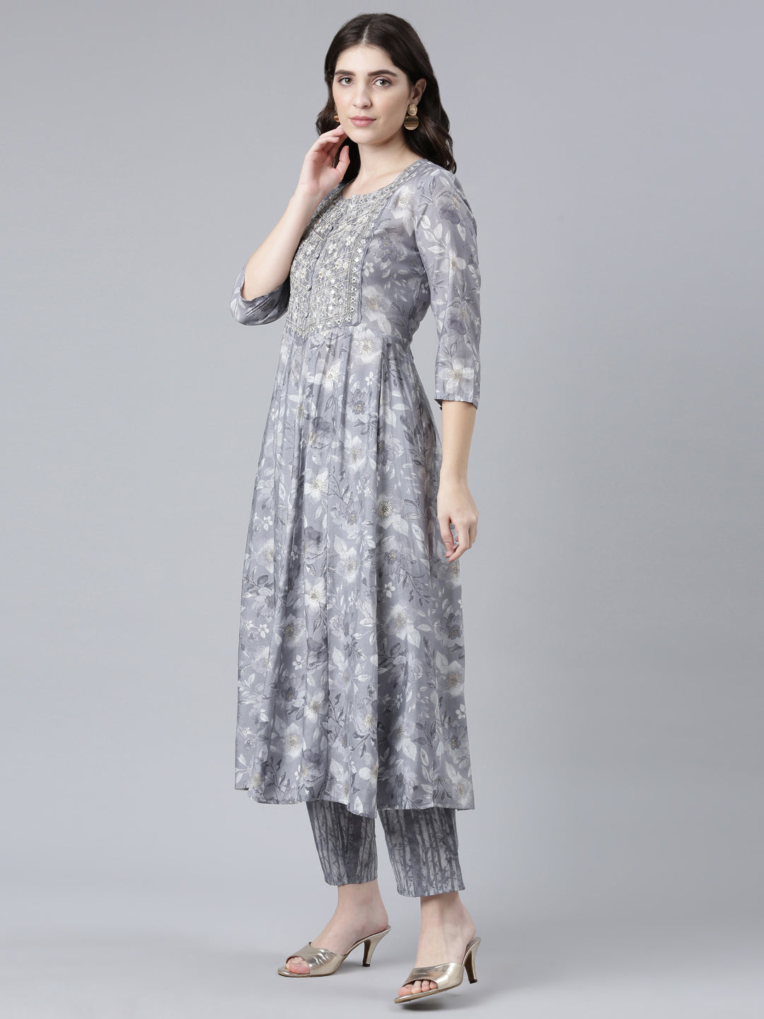 Neerus Grey printed straight kurta set with trouser and dupatta - back view