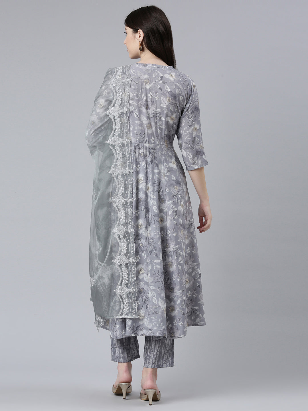 Neeru's Grey Pleated Straight Printed Kurta And Trousers With Dupatta
