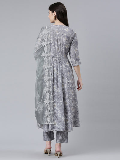 Neeru's Grey Pleated Straight Printed Kurta And Trousers With Dupatta