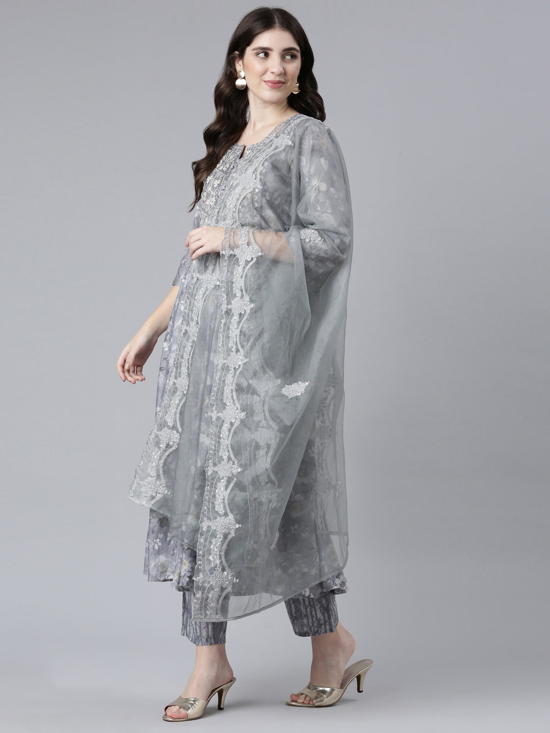 Neeru's Grey Pleated Straight Printed Kurta And Trousers With Dupatta