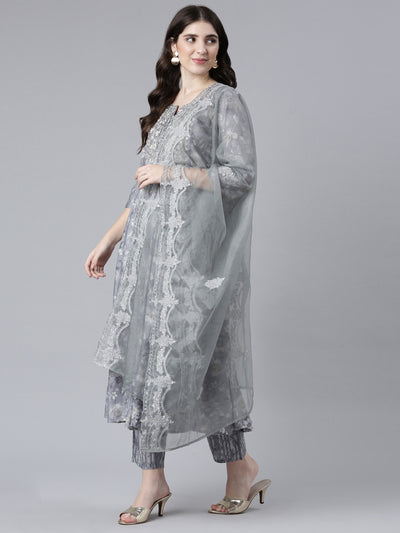 Neeru's Grey Pleated Straight Printed Kurta And Trousers With Dupatta