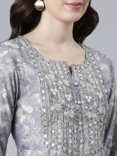 Neeru's Grey Pleated Straight Printed Kurta And Trousers With Dupatta