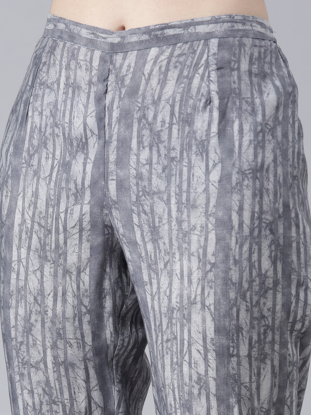 Neerus Grey Pleated Straight Printed Kurta And Trousers With Dupatta