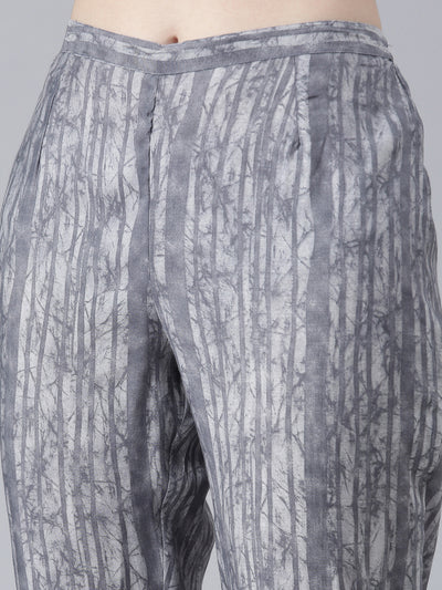 Neeru's Grey Pleated Straight Printed Kurta And Trousers With Dupatta