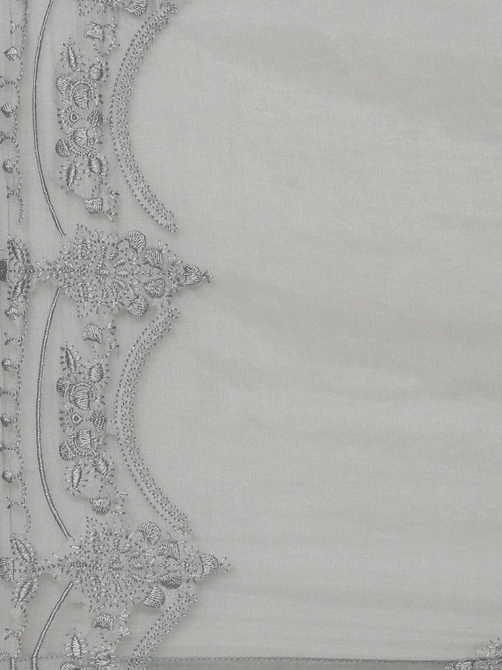 Neerus Grey printed straight kurta set with trouser and dupatta - detail view 4