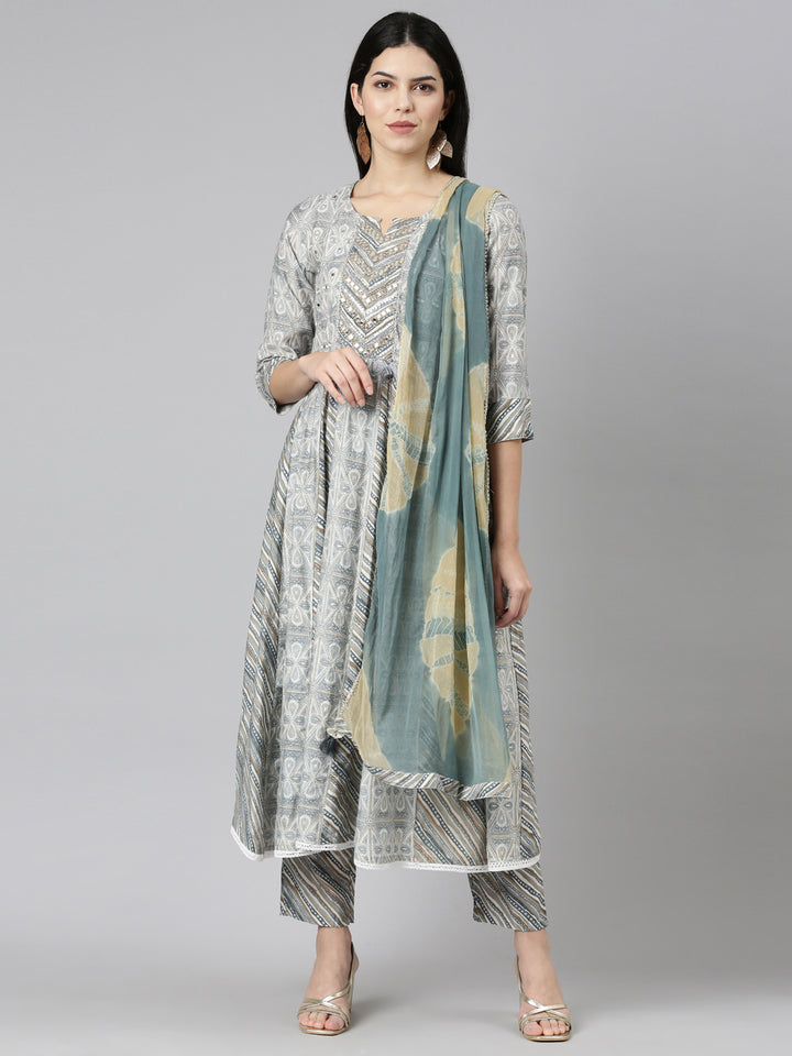 Neerus Blue printed straight kurta set with trouser and dupatta - front view