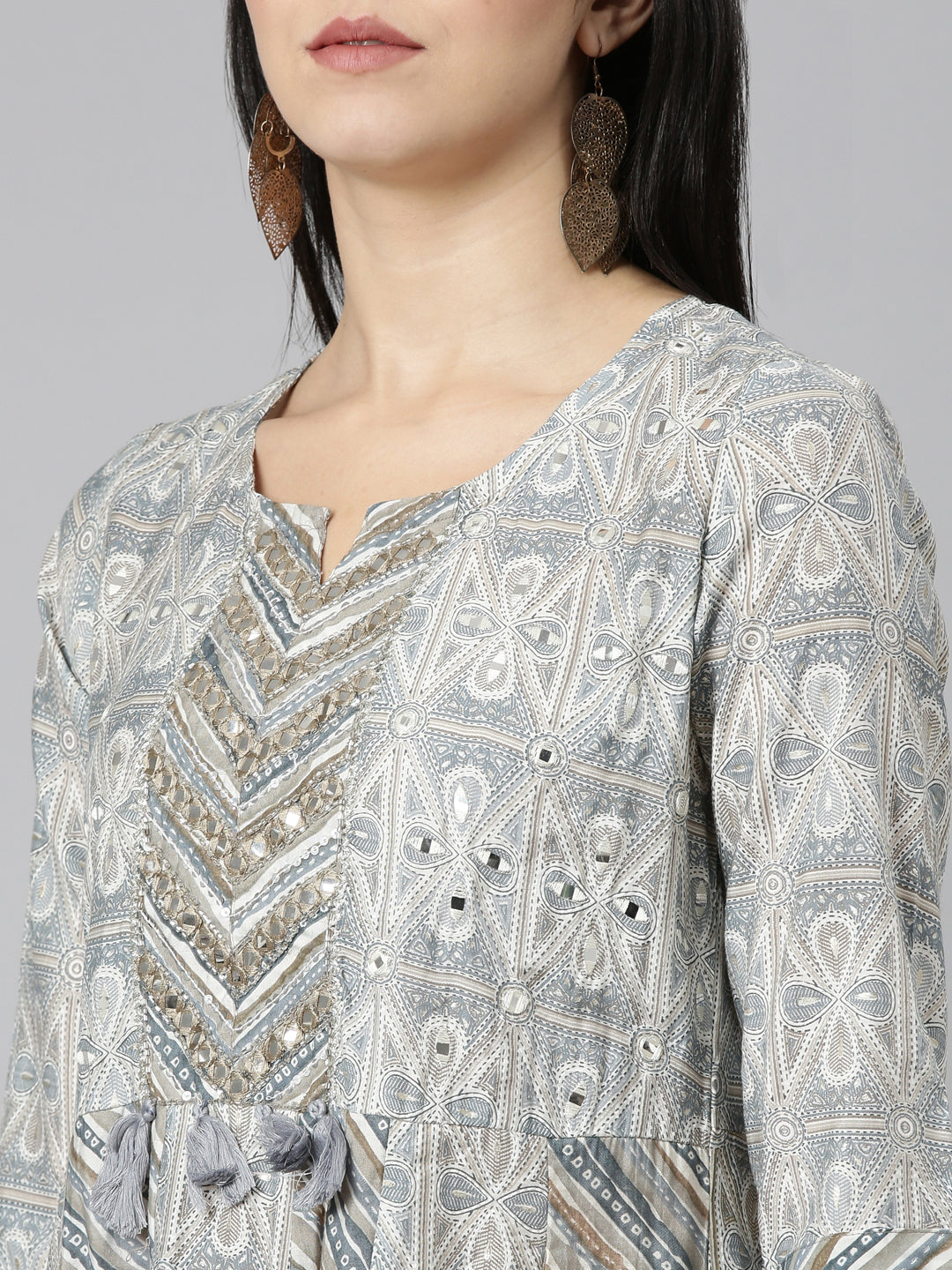 Neerus Blue printed straight kurta set with trouser and dupatta - detail view 1