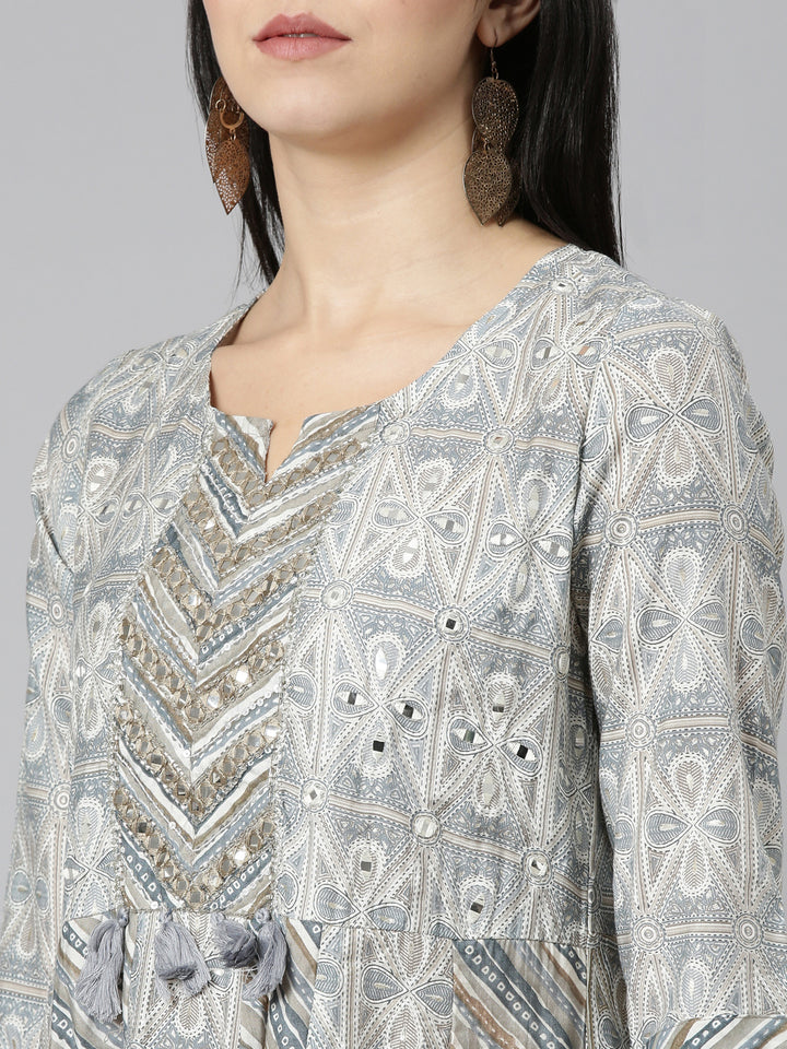 Neerus Blue printed straight kurta set with trouser and dupatta - detail view 1
