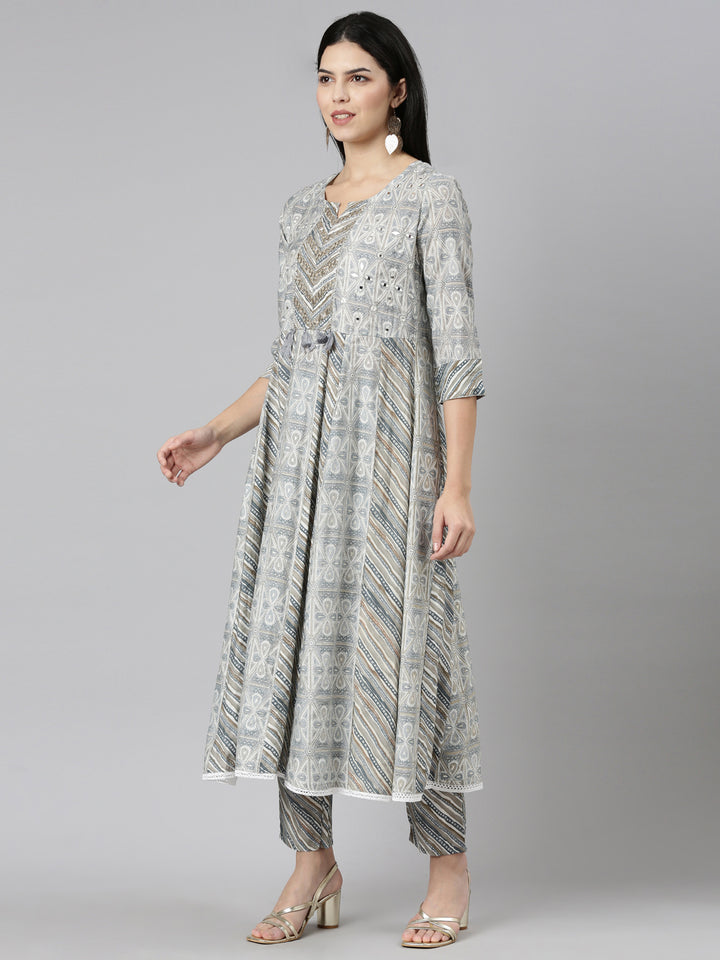 Neerus Blue printed straight kurta set with trouser and dupatta - back view