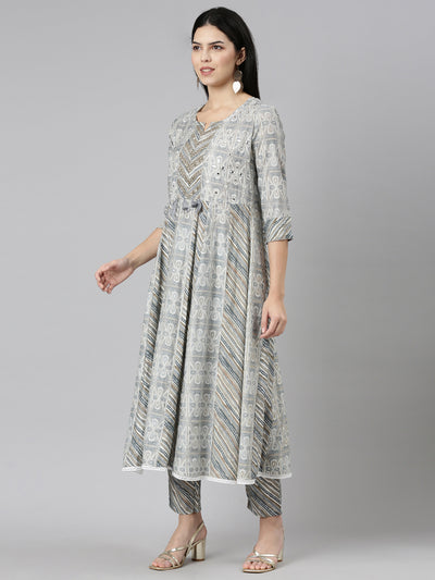 Neerus Blue Regular Straight Printed Kurta And Trousers With Dupatta
