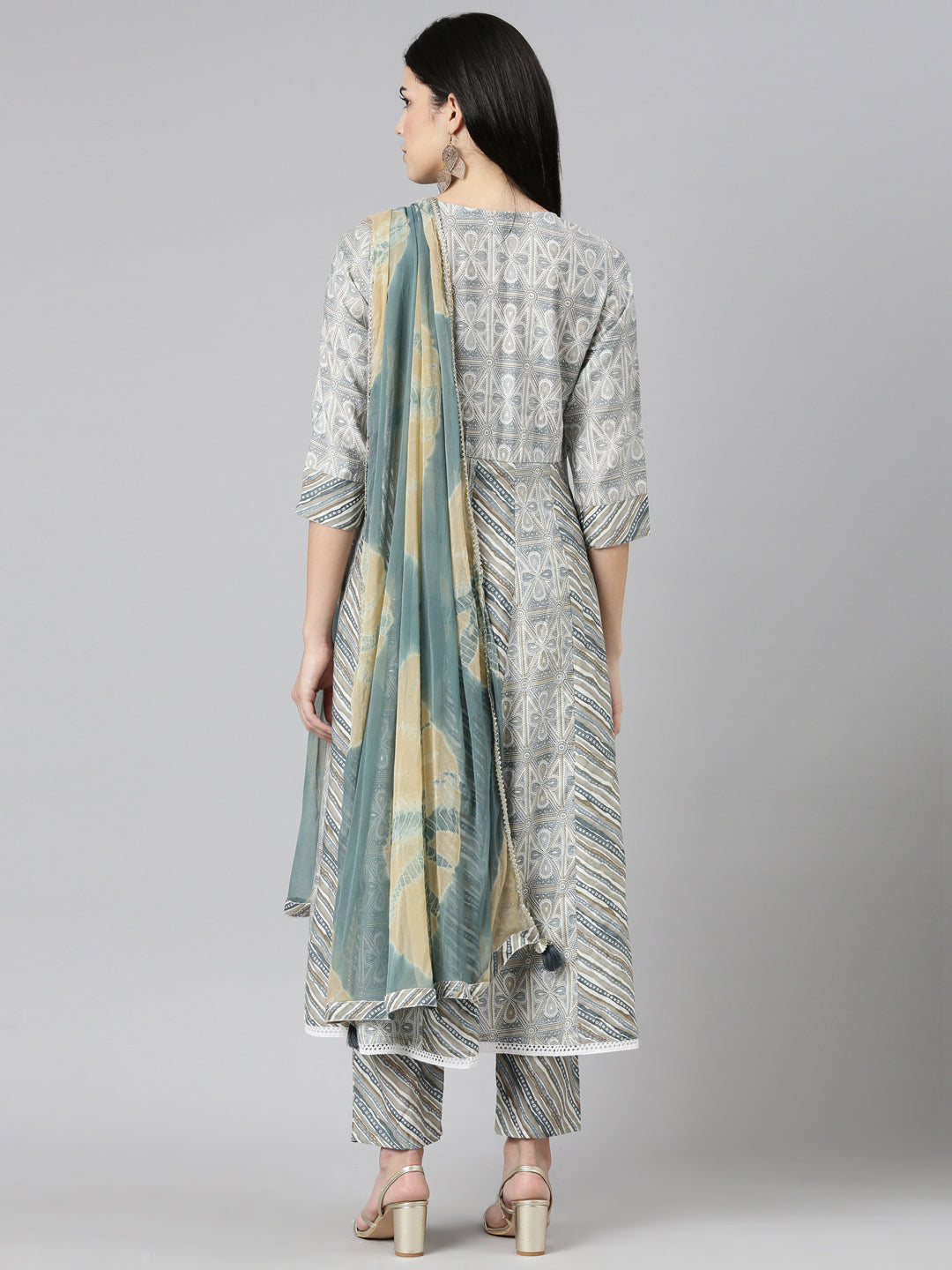 Neerus Blue printed straight kurta set with trouser and dupatta - side view