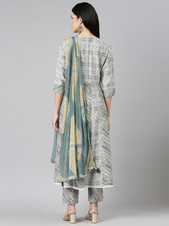 Neerus Blue printed straight kurta set with trouser and dupatta - side view