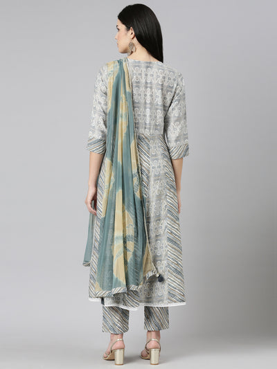Neerus Blue Regular Straight Printed Kurta And Trousers With Dupatta