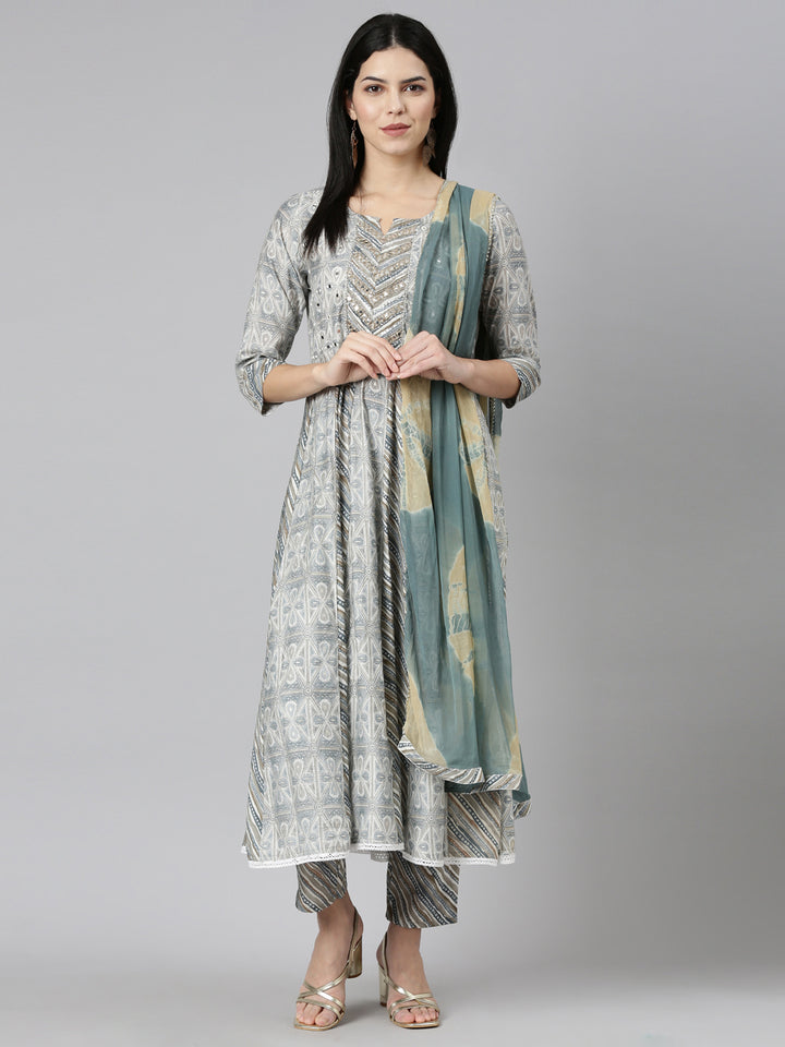 Neerus Blue printed straight kurta set with trouser and dupatta - detail view 2
