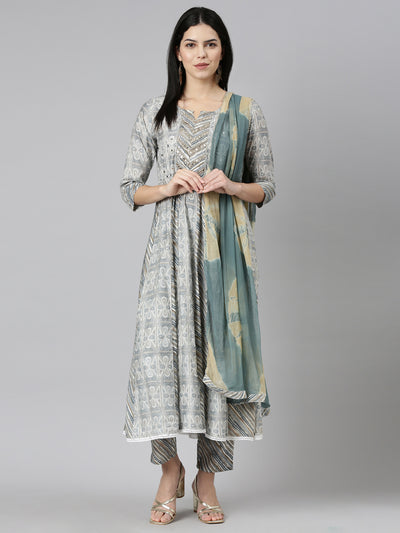 Neerus Blue Regular Straight Printed Kurta And Trousers With Dupatta
