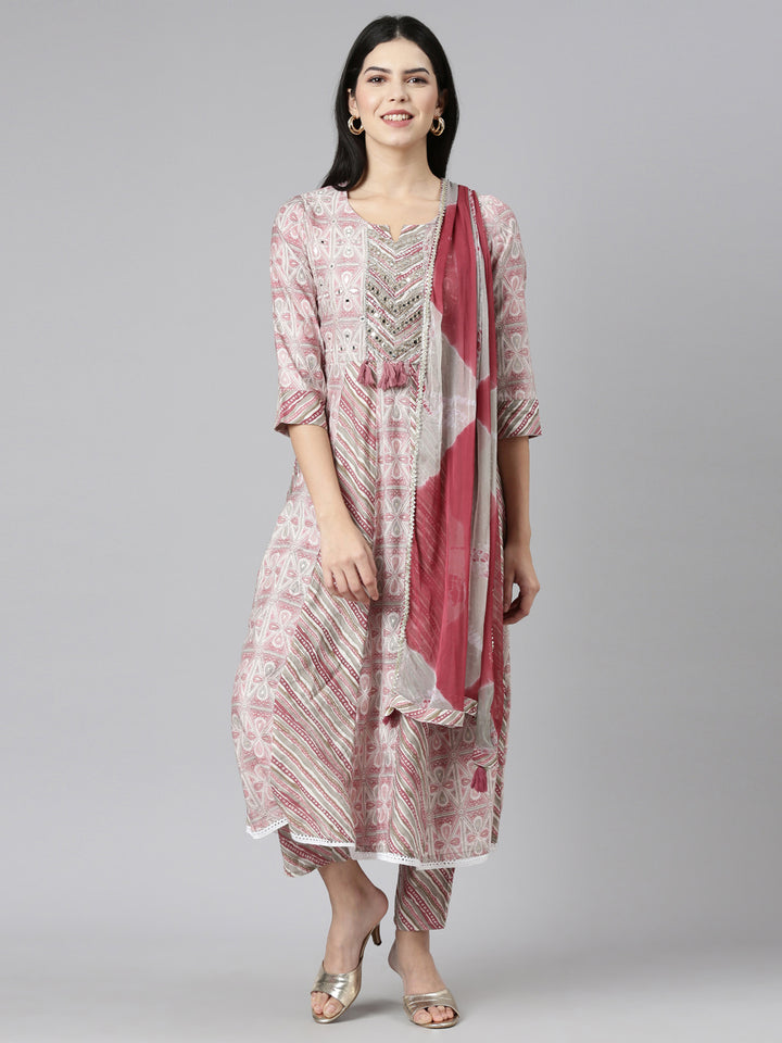 Neerus Pink Regular Straight Printed Kurta And Trousers With Dupatta