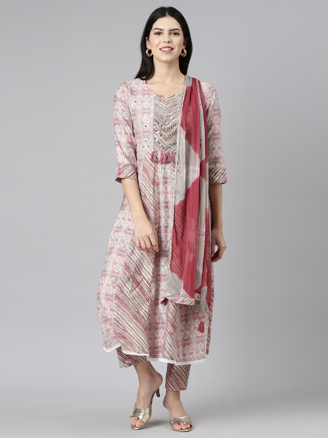 Neerus Pink Regular Straight Printed Kurta And Trousers With Dupatta
