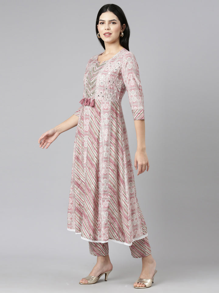Neerus Pink Regular Straight Printed Kurta And Trousers With Dupatta