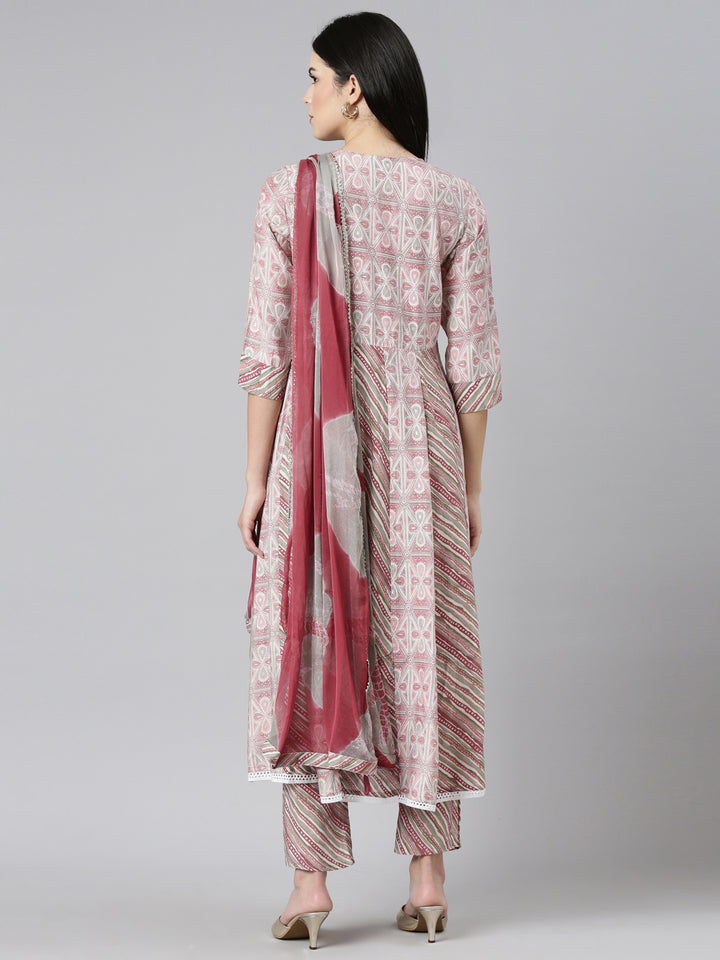 Neerus Pink Regular Straight Printed Kurta And Trousers With Dupatta