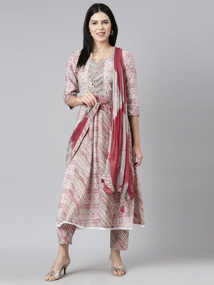 Neerus Pink Regular Straight Printed Kurta And Trousers With Dupatta