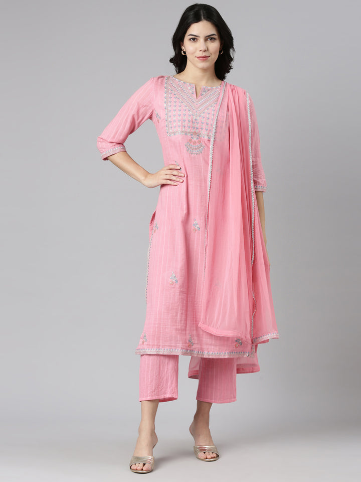 Neerus Pink embroidered straight kurta set with dupatta - front view