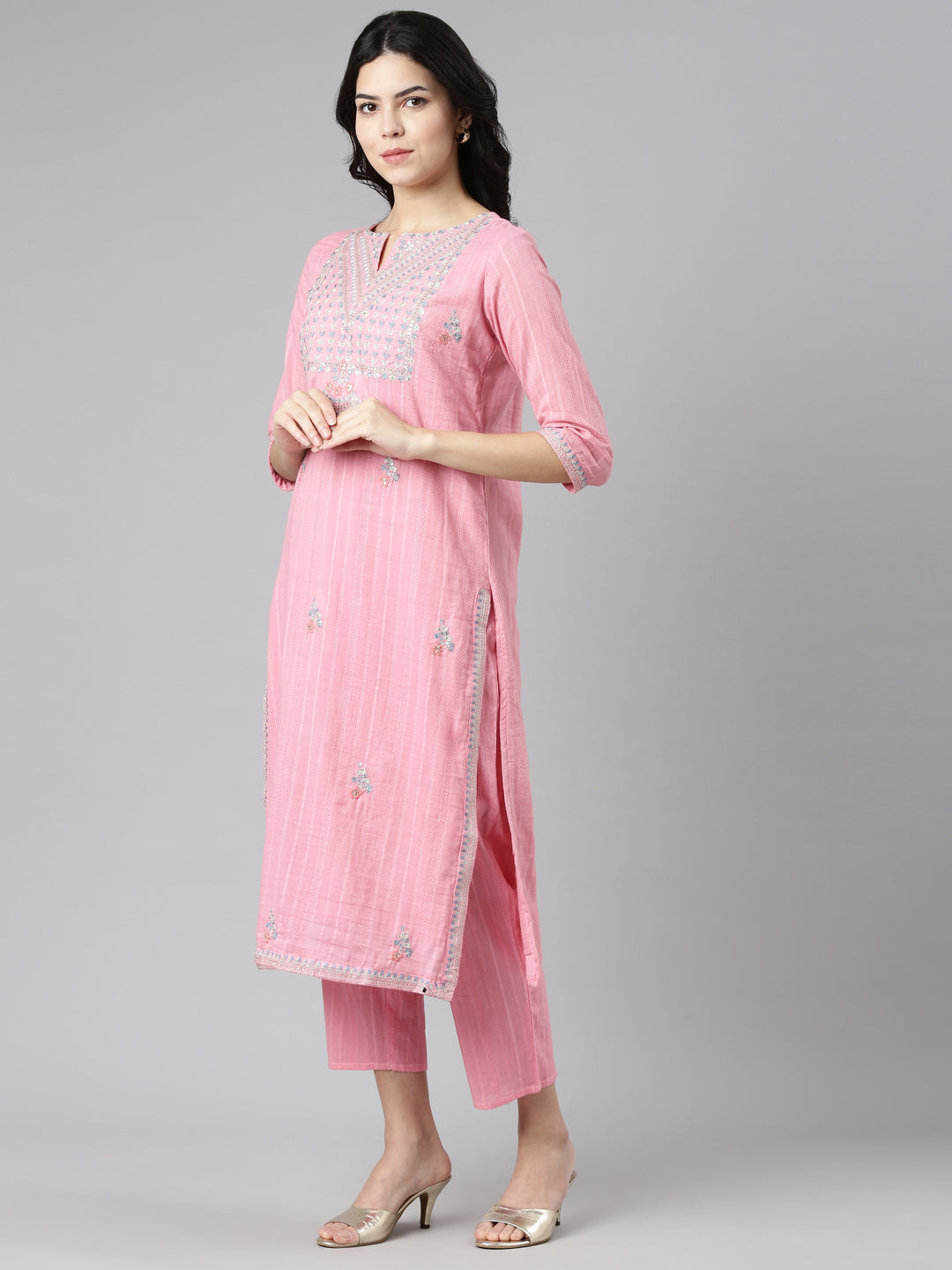 Neerus Pink embroidered straight kurta set with dupatta - back view