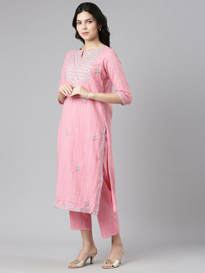 Neerus Pink Regular Straight Embroidered Kurta And Trousers With Dupatta