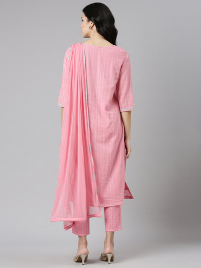Neerus Pink Regular Straight Embroidered Kurta And Trousers With Dupatta