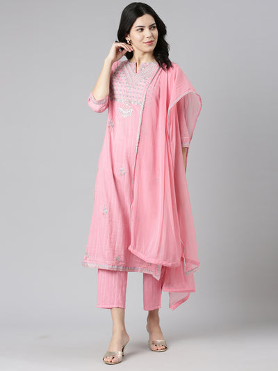 Neerus Pink Regular Straight Embroidered Kurta And Trousers With Dupatta
