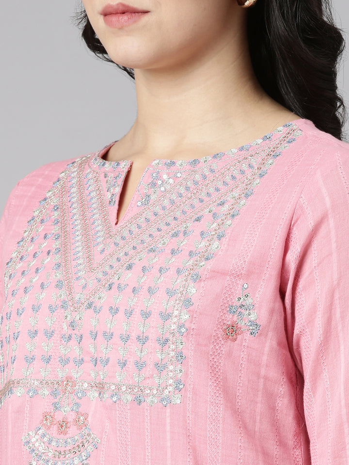 Neerus Pink embroidered straight kurta set with dupatta - detail view 1
