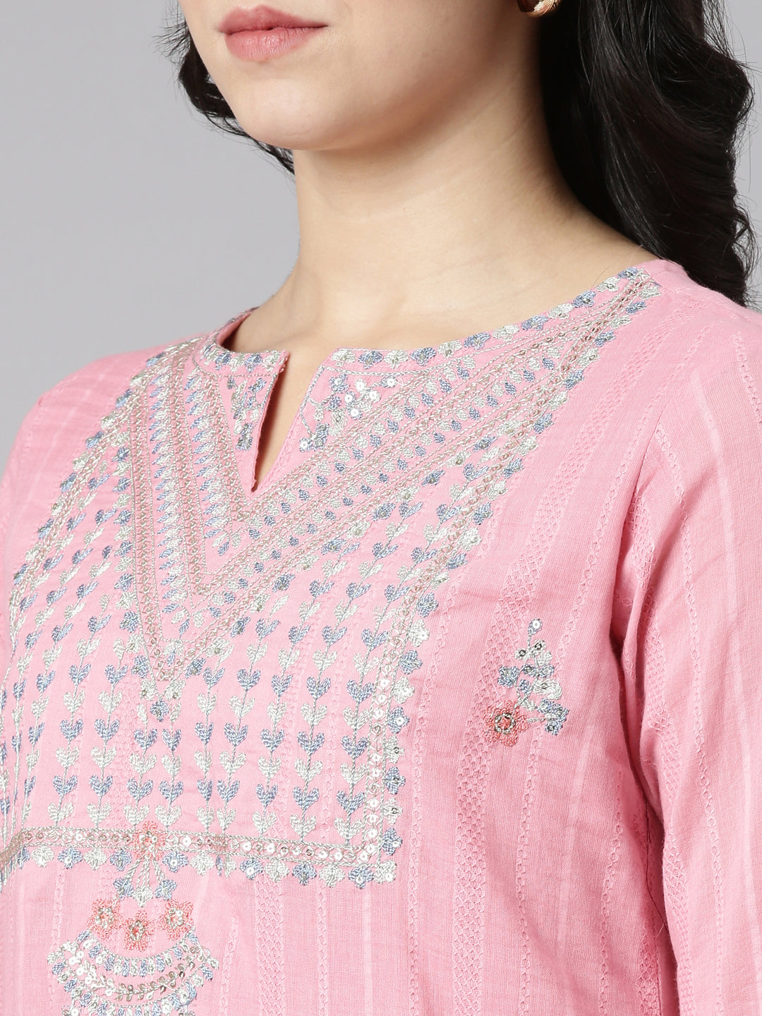 Neerus Pink Regular Straight Embroidered Kurta And Trousers With Dupatta