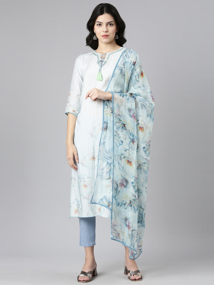 Neerus Blue Regular Straight Embroidered Kurta And Trousers With Dupatta