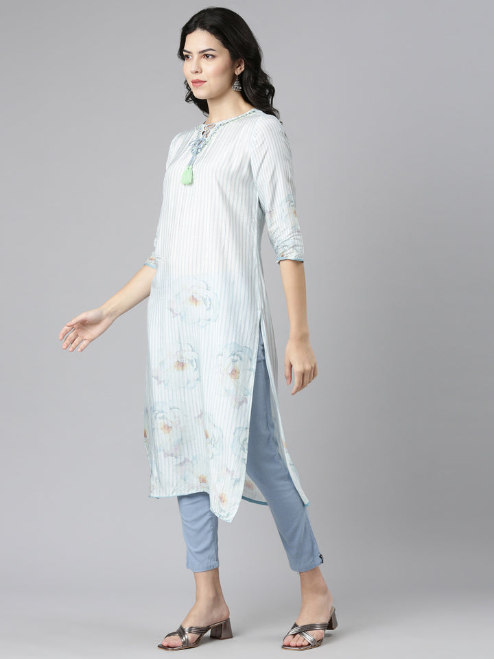 Neerus Blue Regular Straight Embroidered Kurta And Trousers With Dupatta