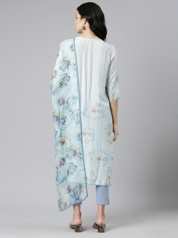 Neerus Blue Regular Straight Embroidered Kurta And Trousers With Dupatta